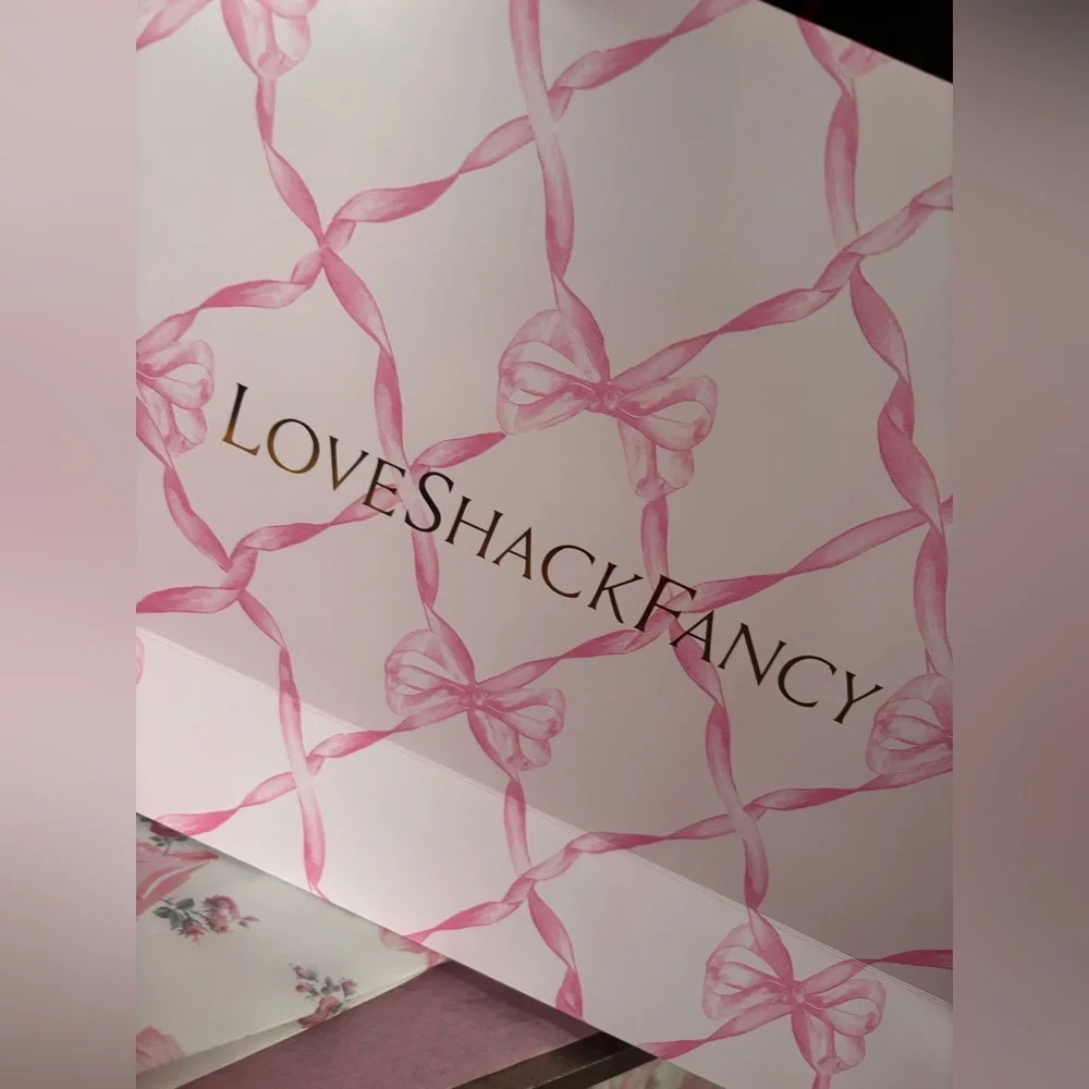 LoveShackFancy pink shopping gift bags with pink ribbon bow pattern